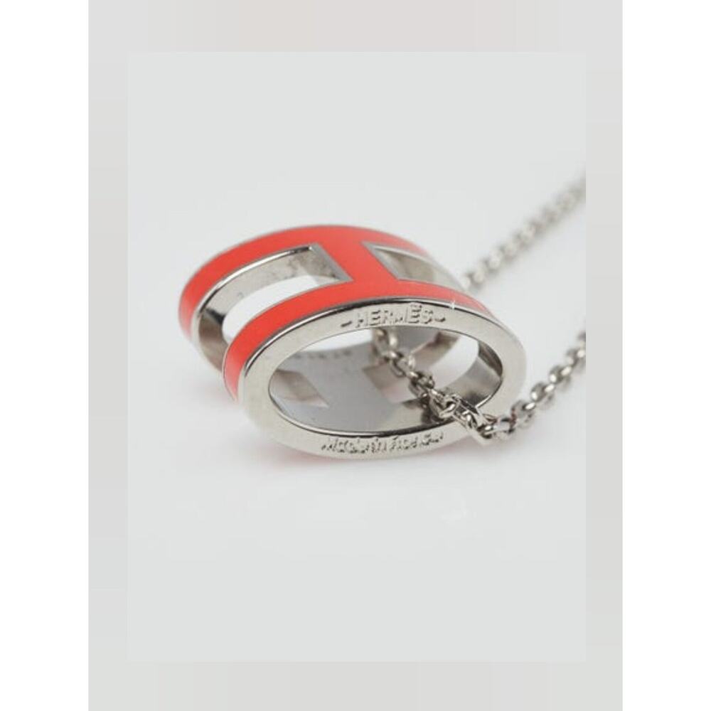 Hermes Red Enamel and Palladium Plated Pop H Pendant Necklace - Picture 5 of 14